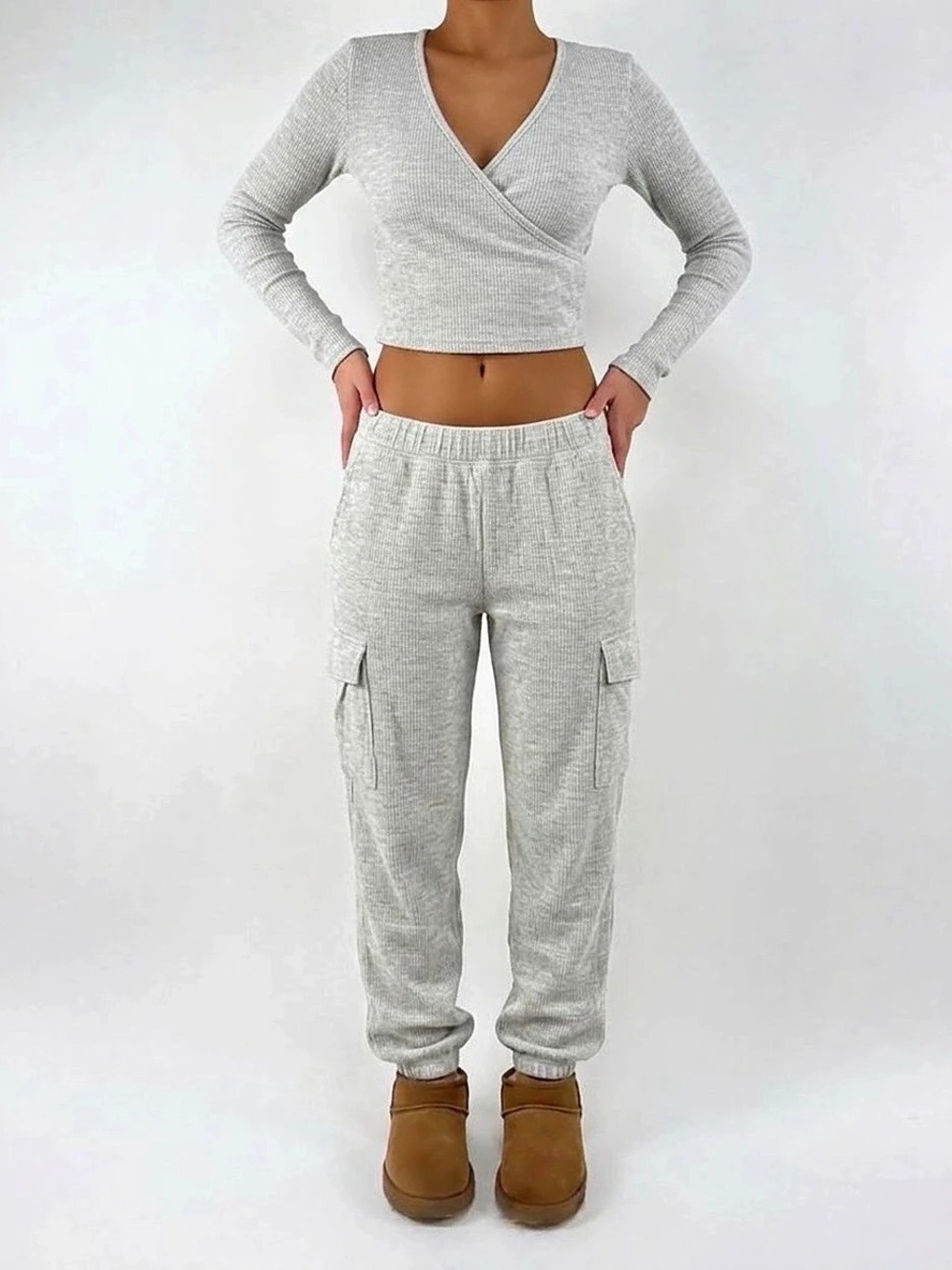 Aerie Waffle Knit Loungewear Set Ribbed Cargo Jogger Set Gray Small